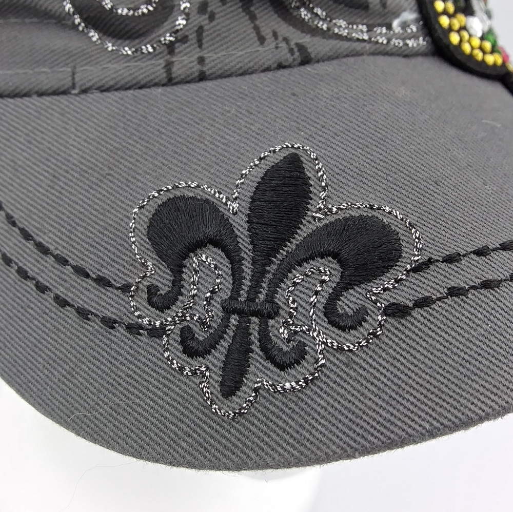 *SOLD* KBETHOS Gray & Multicolor Crystal Embellished Fleur De Lis Military Hat - Picture 4 of 12